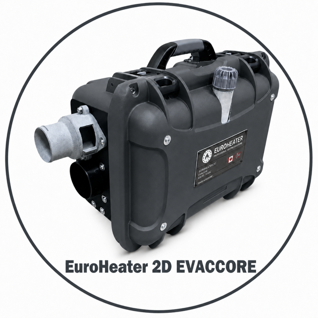 EUROHEATER-2D-2KW EVACORE – Système de chauffage portable EuroHeater 2D 2 kW. Le chauffage diesel portable EuroHeater 2D 2 kW en configuration à boîtier fermé et ouvert.