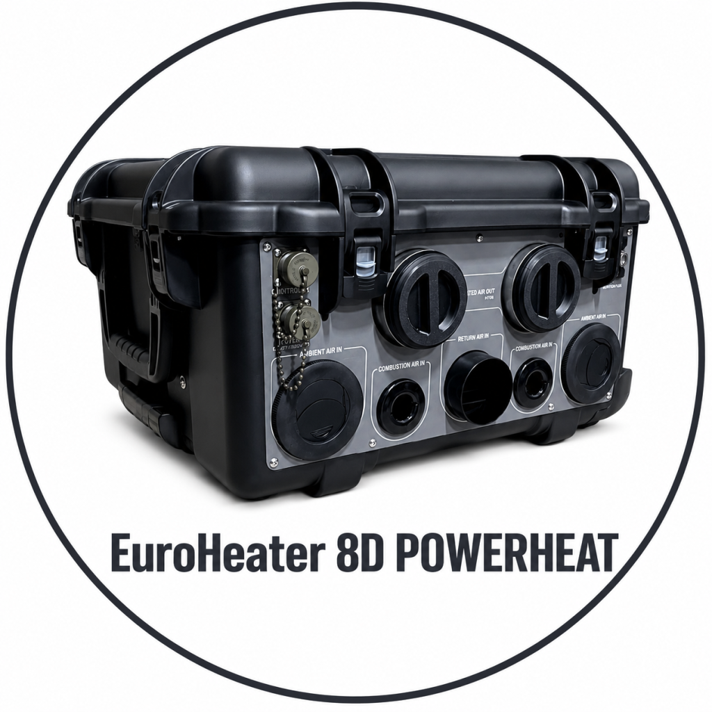 EUROHEATER-8D-8KW – Appareil de chauffage haute performance EuroHeater 8D 8 kW. Appareil de chauffage diesel haute performance EuroHeater 8D 8 kW dans des valises de transport noires robustes.
