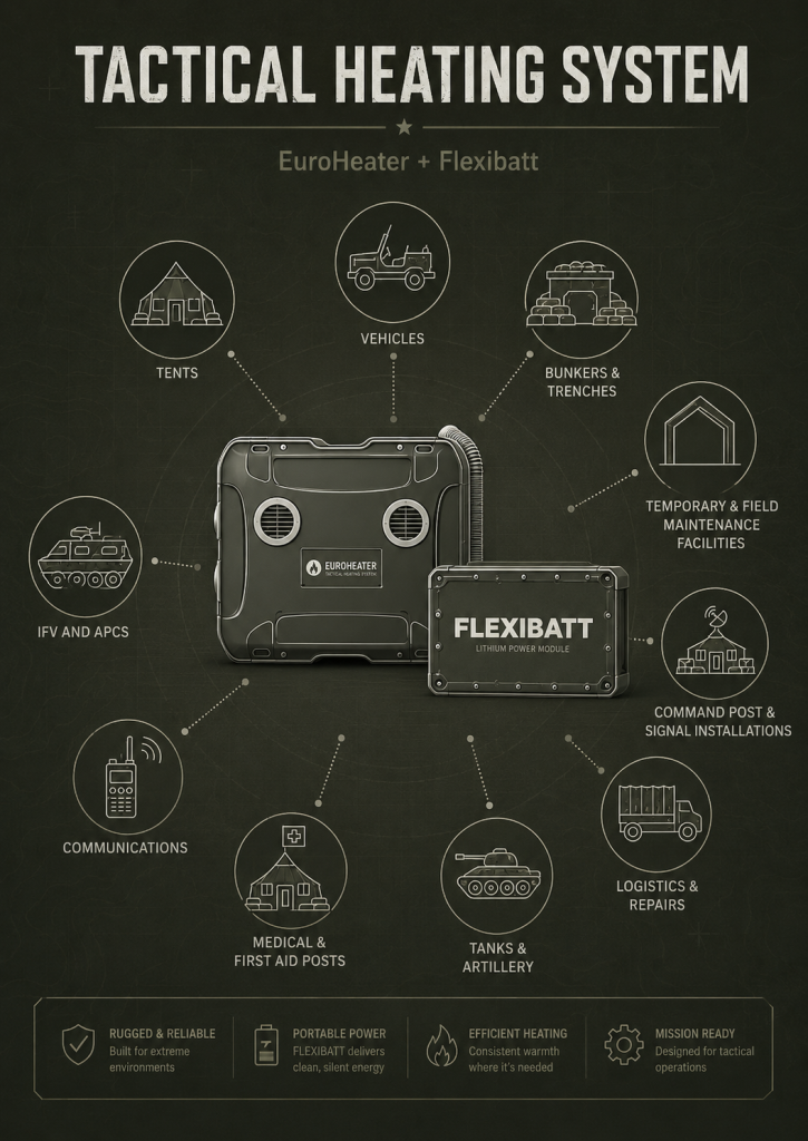 EuroHeater et FlexiBatt forment ensemble un système mobile fiable de chauffage et d'alimentation électrique destiné aux interventions exigeantes sur le terrain. EuroHeater assure un chauffage à air chaud efficace dans les tentes, les abris, les véhicules, les postes de commandement et sur les lieux d'urgence, tandis que FlexiBatt fournit une alimentation électrique robuste et autonome pour le chauffage et les équipements supplémentaires. Ensemble, ils constituent une solution flexible et portable pour les équipes de secours, la protection civile, les professionnels du plein air et les équipes d'urgence intervenant dans des conditions isolées ou extrêmes.