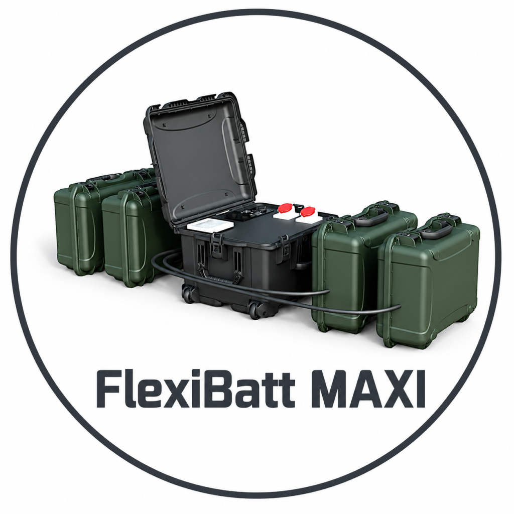 FLEXIBATT MAXI – Système de batterie d'urgence évolutif FlexiBatt Maxi. Système de batterie d'urgence modulaire FlexiBatt Maxi composé de plusieurs unités de batterie robustes, connectées dans un campement enneigé.